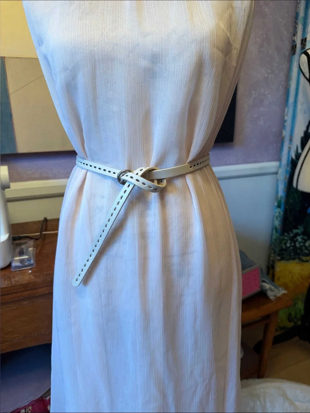 Cream Cutout Leather Women's Belt with Silver Buckle